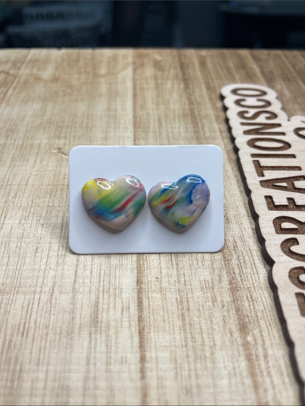 Heart Stud Earrings in rainbow Swirl - Picture 2 of 2